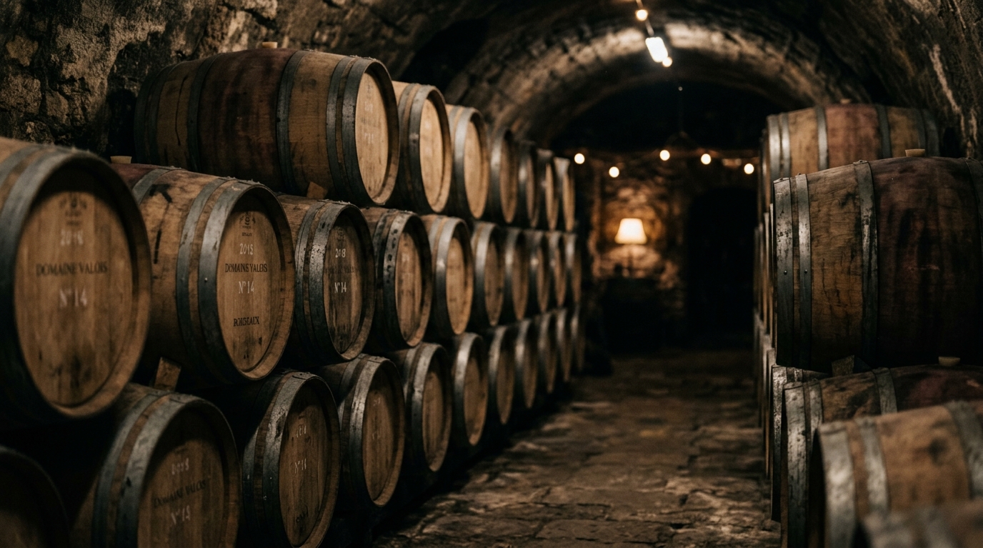 Wine cellar barrels row stacked